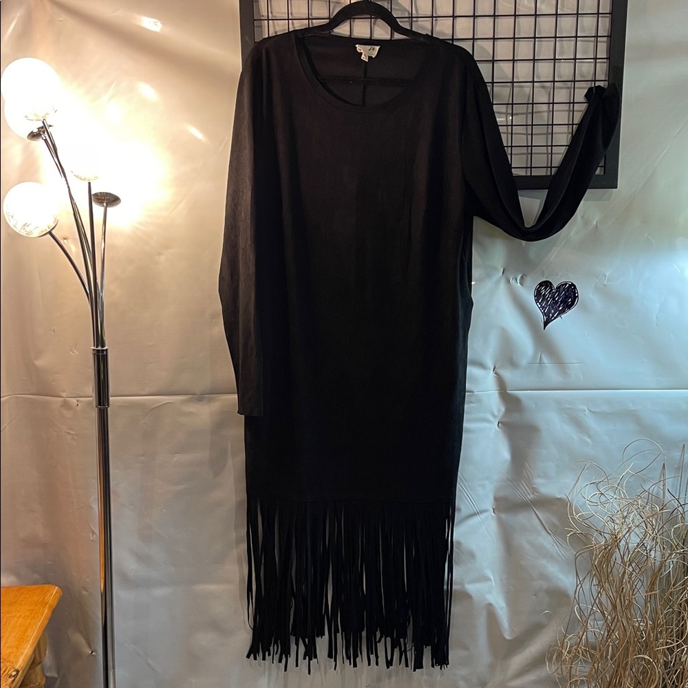 Joh- Elegant Black Fringe Long Sleeve Dress-  faux suede